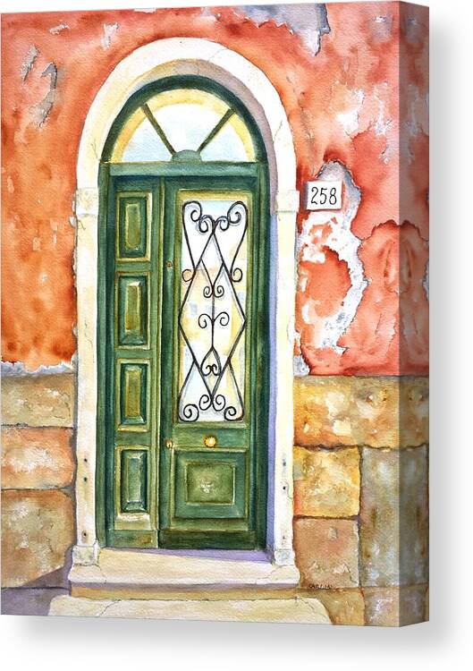Door Canvas Print featuring the painting Green Door in Venice Italy by Carlin Blahnik CarlinArtWatercolor