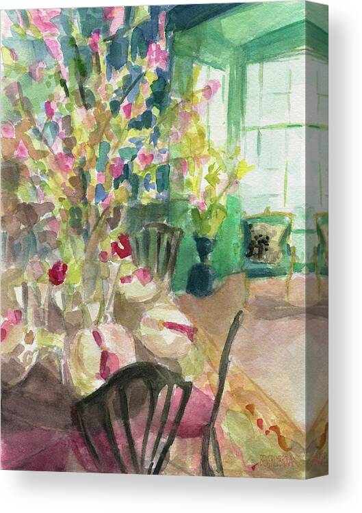Interior Canvas Print featuring the painting Green Interior with Cherry Blossoms by Beverly Brown