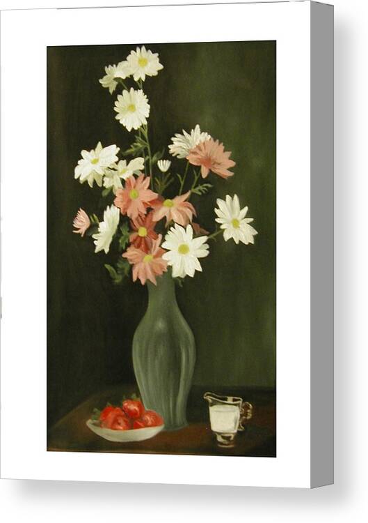 Still Life Canvas Print featuring the painting Green Vase with Flowers by Angelo Thomas