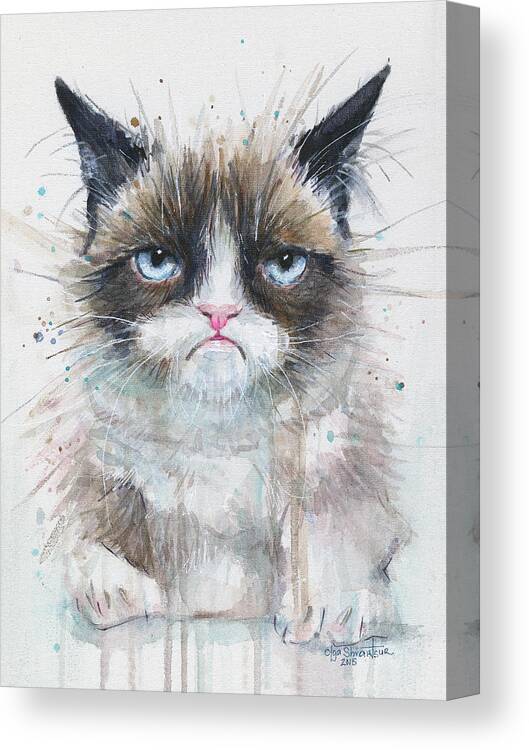 Watercolor Canvas Print featuring the painting Grumpy Cat Watercolor Painting by Olga Shvartsur