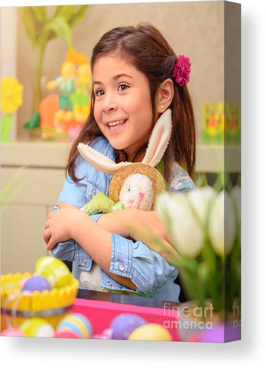 Baby Canvas Print featuring the photograph Happy girl with bunny toy by Anna Om