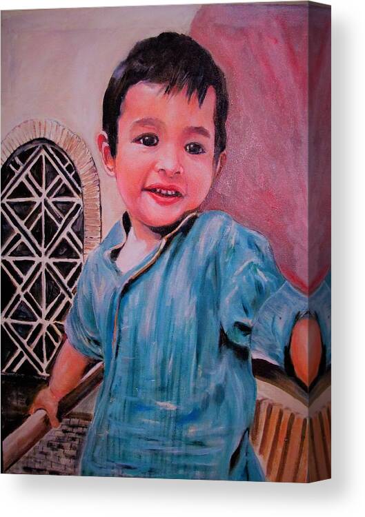 Boy Canvas Print featuring the painting Harmain by Khalid Saeed