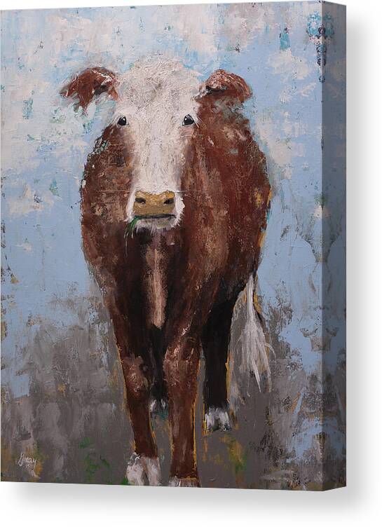 Hereford Cow Canvas Print featuring the painting Hereford Brown Cow Portrait Farm Animal Painting by Gray Artus