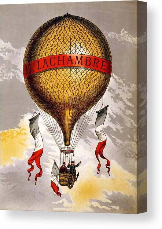 H.lachambre Canvas Print featuring the mixed media H.Lachambre - Two Men Flying in a Hot Air Balloon - Retro travel Poster - Vintage Poster by Studio Grafiikka