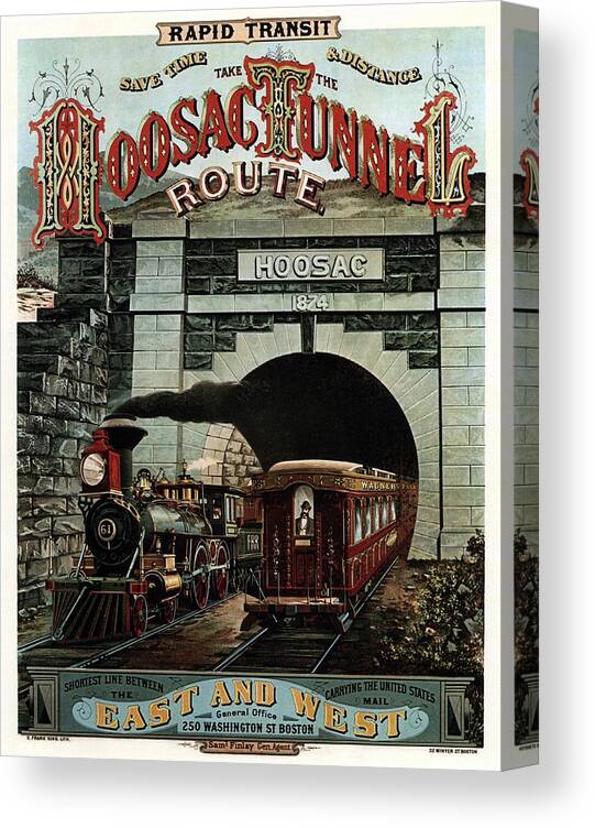 Hoosac Tunnel Route Canvas Print featuring the painting Hoosac Tunnel Route - Vintage Steam Locomotive - Advertising Poster by Studio Grafiikka