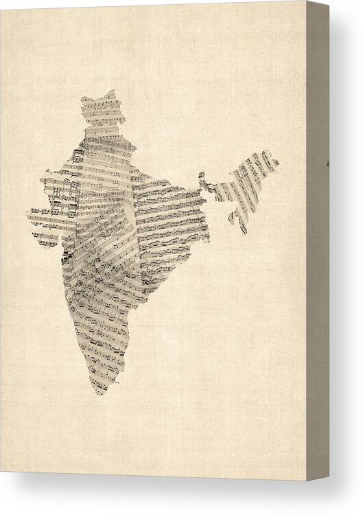 India Map Canvas Print featuring the digital art India Map, Old Sheet Music Map of India by Michael Tompsett