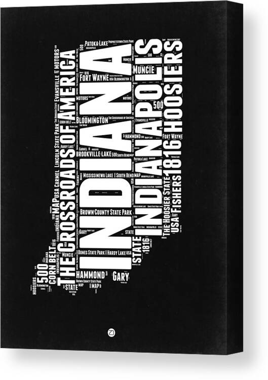 Indiana Canvas Print featuring the digital art Indiana Black and white Word Cloud Map by Naxart Studio