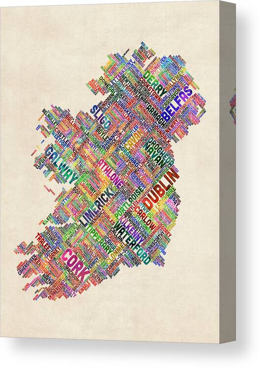 Ireland Map Canvas Print featuring the digital art Ireland Eire City Text Map Derry Version by Michael Tompsett