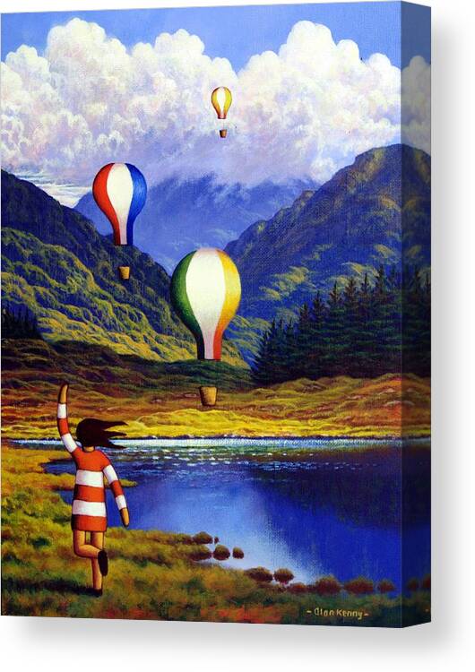 Irish Canvas Print featuring the painting Irish Landscape With Girl And Balloons By Lake by Alan Kenny