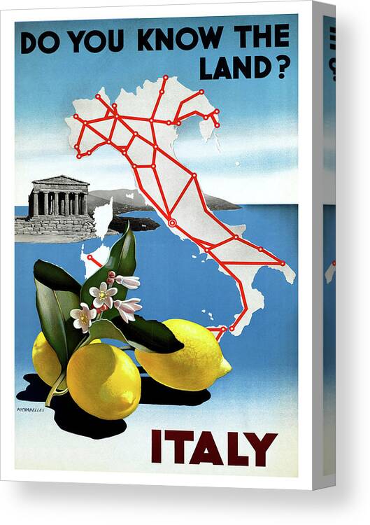 Italy Canvas Print featuring the painting Italy, lemons, vintage travel poster by Long Shot