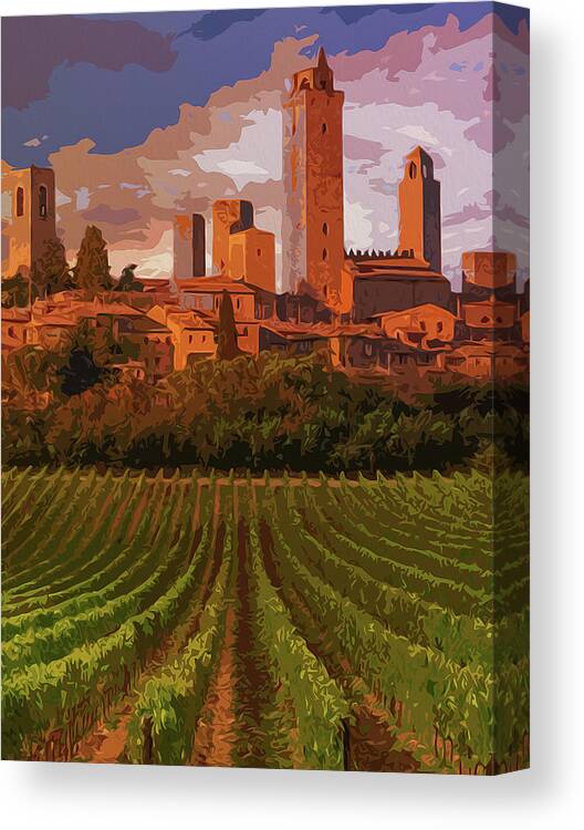 Italy Canvas Print featuring the painting Italy, sunset on San Gimignano by AM FineArtPrints