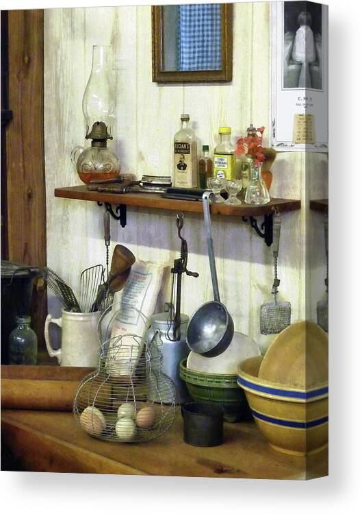Egg Canvas Print featuring the photograph Kitchen With Wire Basket of Eggs by Susan Savad