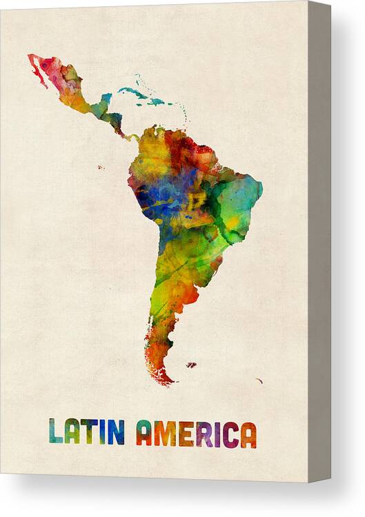 South America Map Canvas Print featuring the digital art Latin America Watercolor Map by Michael Tompsett