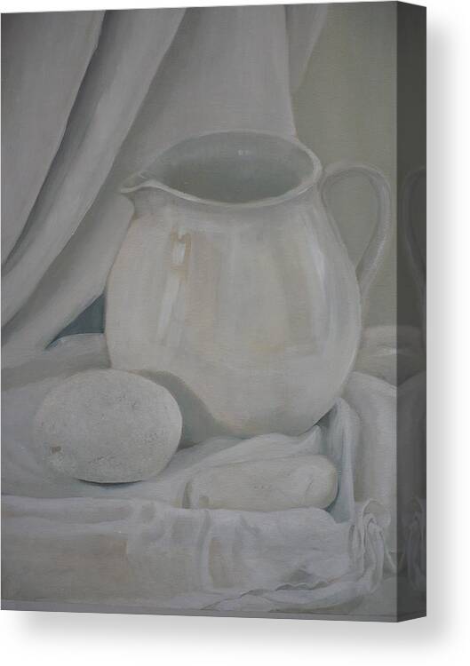 Jug Pebbles White Oil Canvas Print featuring the painting Little White Jug by Caroline Philp