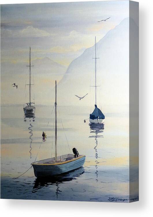 Winter Canvas Print featuring the painting Locarno Boats in February by David Gilmore