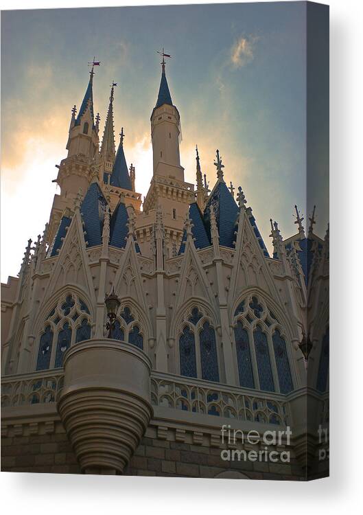 Walt Disney World Magic Kingdom Cinderella Castle Sunrise Sun Rise Blue Sky Canvas Print featuring the photograph Magic Kingdom - Cinderella Castle by AK Photography