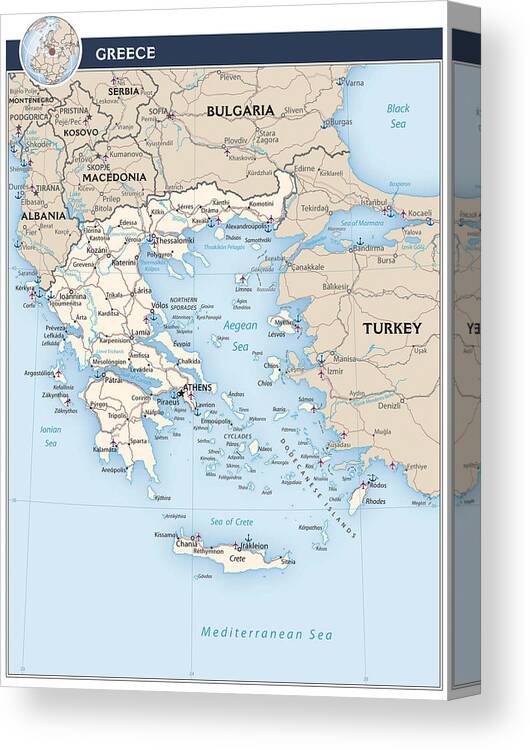 Albania Canvas Print featuring the photograph Map of Greece 2 by Roy Pedersen