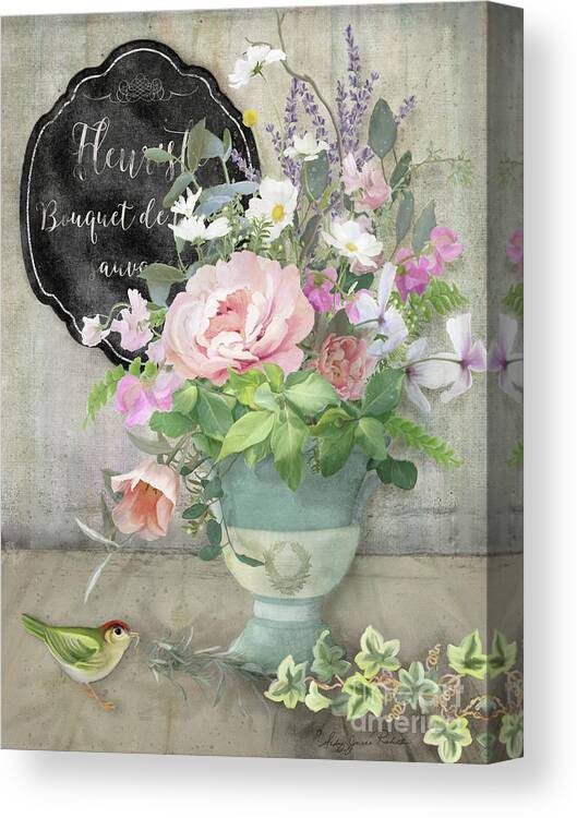 Marche Aux Fleurs Canvas Print featuring the painting Marche aux Fleurs 3 Peony Tulips Sweet Peas Lavender and Bird by Audrey Jeanne Roberts