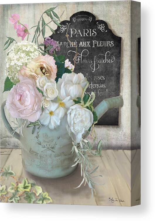 Watering Can Canvas Print featuring the painting Marche Paris Fleur Vintage Watering Can with Peonies by Audrey Jeanne Roberts