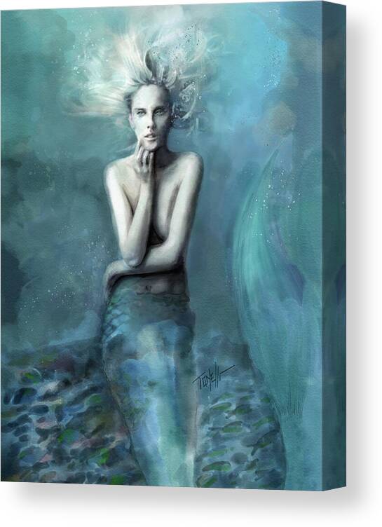 Mermaid Sea Canvas Print featuring the mixed media Mermaid at the edge of the sea by Mark Tonelli