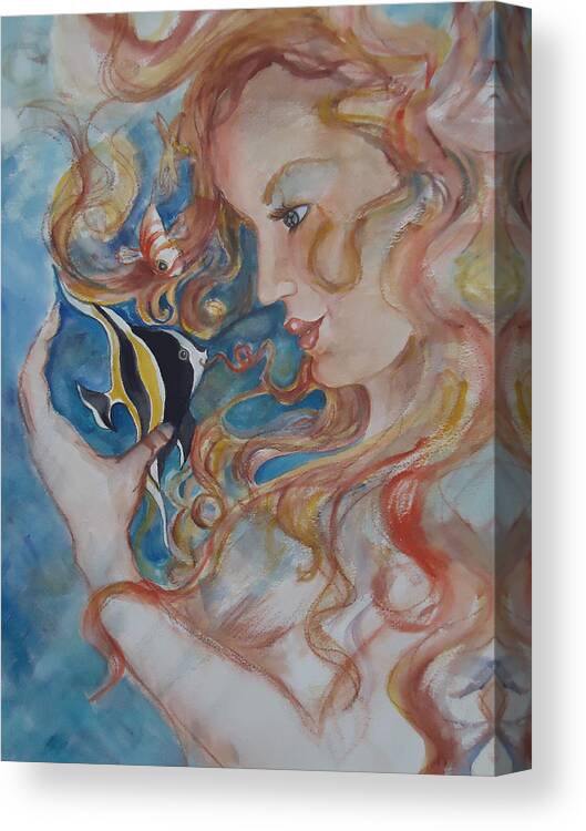 A Kiss From The Mermaid To A Morish Idol. Mermaid Canvas Print featuring the painting Mermaids Kiss by Charme Curtin