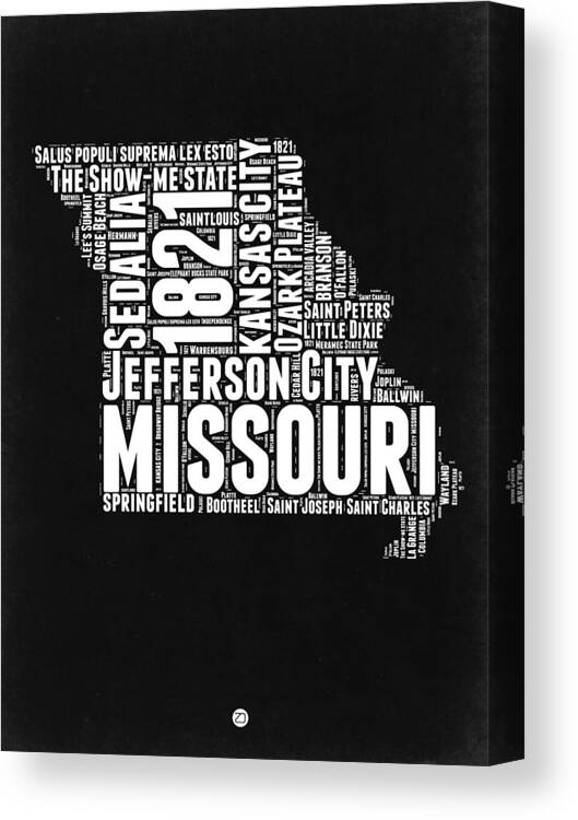  Canvas Print featuring the digital art Missouri Black and white Word Cloud Map by Naxart Studio