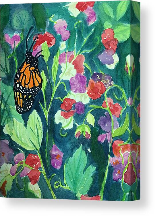 Monarch Butterfly Canvas Print featuring the painting Monarch Butterfly Amid Sweetpeas by Ellen Levinson