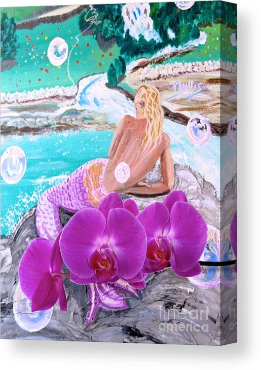 Part Of One Of My Mermaid Painting And My New Just Opened Orchids Canvas Print featuring the photograph More Orchids and The Mermaid  by Phyllis Kaltenbach