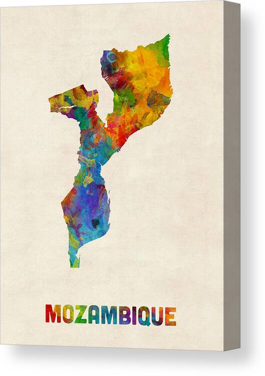 Map Art Canvas Print featuring the digital art Mozambique Watercolor Map by Michael Tompsett