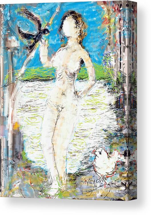Nude Canvas Print featuring the digital art Nude with bird by Subrata Bose