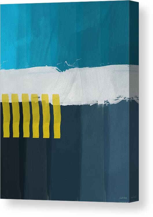 Beach Ocean Waves Water Sky Abstract Modern Minimal Contemporary Blue White Yellow California Florida Australia Home Decorairbnb Decorliving Room Artbedroom Artcorporate Artset Designgallery Wallart By Linda Woodsart For Interior Designersbook Coverpillowtotehospitality Arthotel Art Canvas Print featuring the painting Ocean Front Walk 2- Art by Linda Woods by Linda Woods