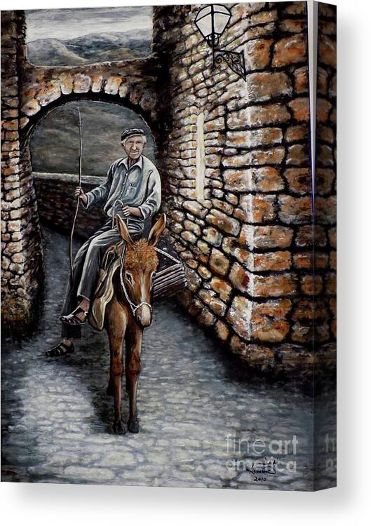 Donkey Canvas Print featuring the painting Old Man on a Donkey by Judy Kirouac