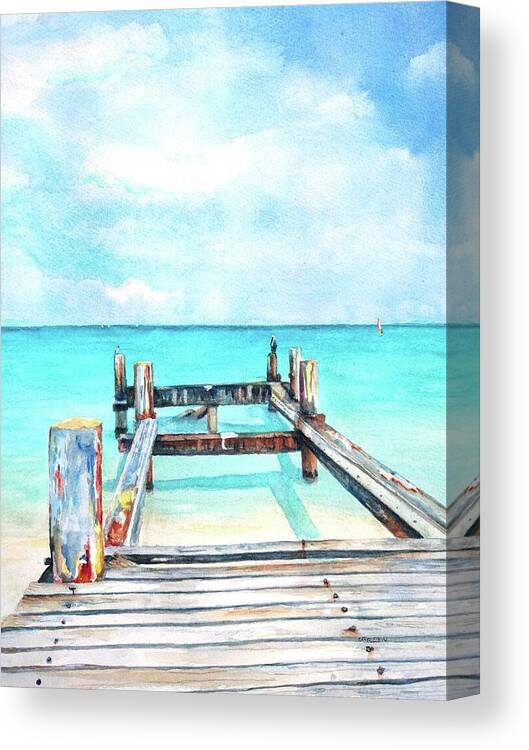 Grace Bay Beach Canvas Print featuring the painting Old pier on Grace Bay at Club Med   by Carlin Blahnik CarlinArtWatercolor