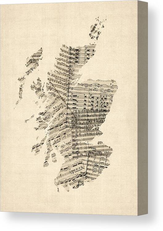 Scotland Map Canvas Print featuring the digital art Old Sheet Music Map of Scotland by Michael Tompsett