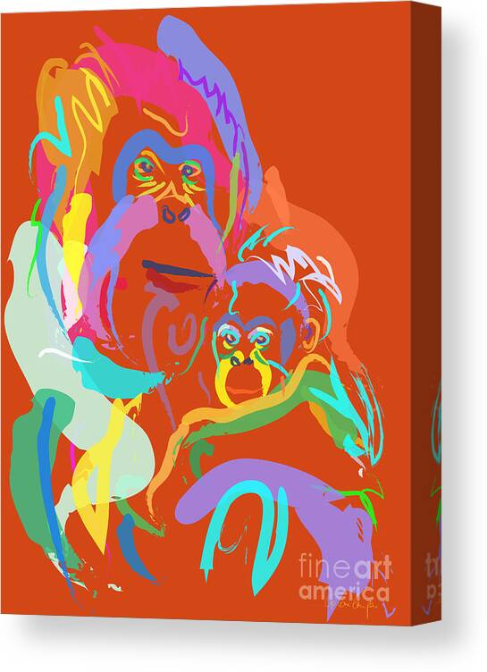 Orangutan Art Canvas Print featuring the painting Orangutan mom and baby by Go Van Kampen