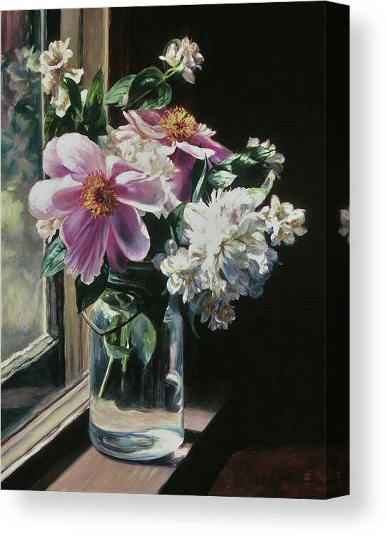 Peonies Canvas Print featuring the painting Peonies in Ball Jar by Marie Witte