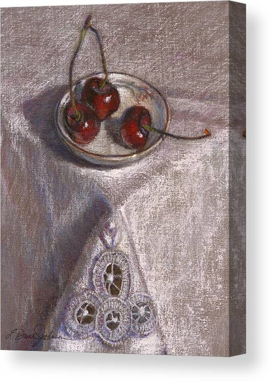 Fresh Cherries In A Bowl On Tablecloth Canvas Print featuring the painting Petite Bowl III by L Diane Johnson