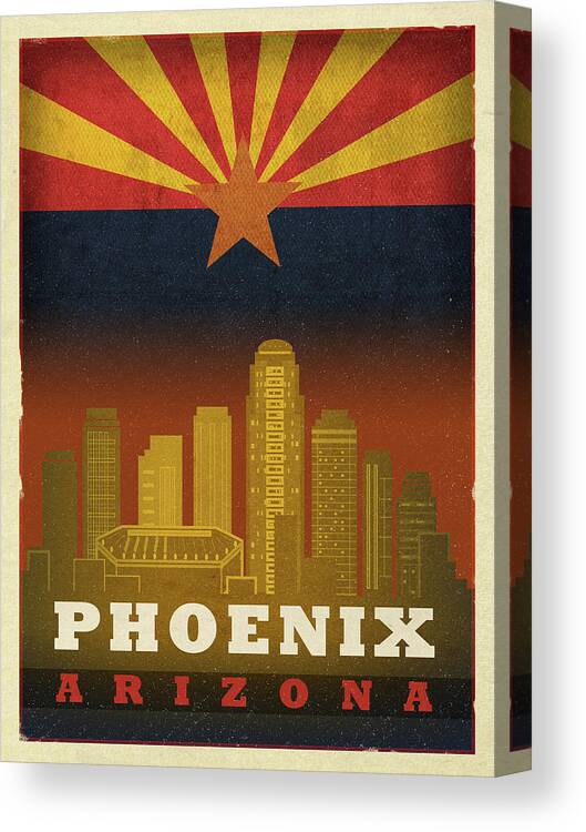 Phoenix Canvas Print featuring the mixed media Phoenix City Skyline State Flag Of Arizona Art Poster Series 015 by Design Turnpike