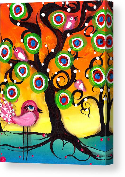 Abril Andrade Canvas Print featuring the painting Pink Birds on a Tree by Abril Andrade