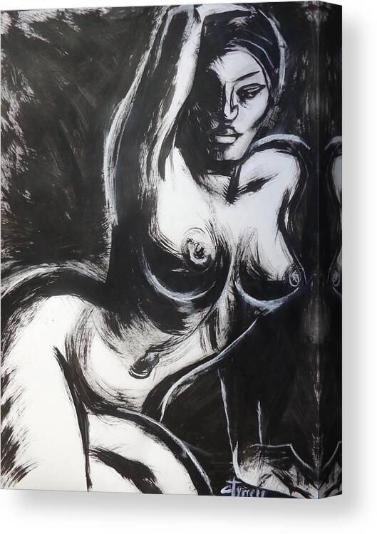 Black Acrylic On White Paper Canvas Print featuring the painting Posture 6 - Female Nude by Carmen Tyrrell