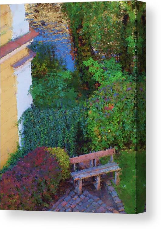 Praha Canvas Print featuring the painting Praha River Bench by Shawn Wallwork