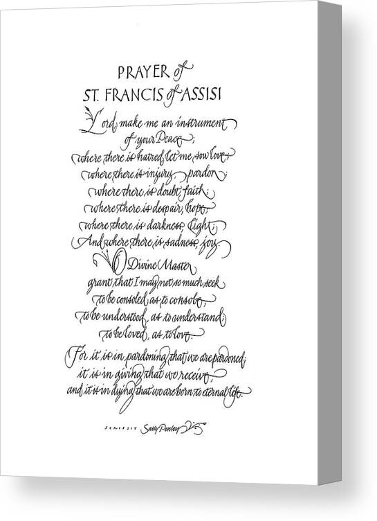 Calligraphy Canvas Print featuring the drawing Prayer of St. Francis of Assisi by Sally Penley