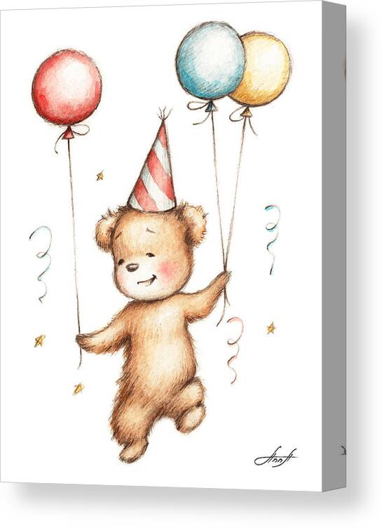 Bear Canvas Print featuring the painting Print of Teddy Bear with Balloons by Anna Abramskaya