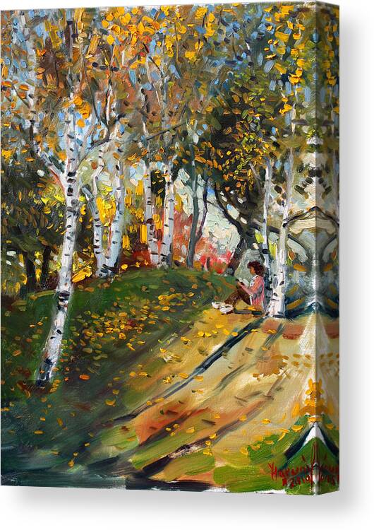 Reading Canvas Print featuring the painting Reading in the Park by Ylli Haruni