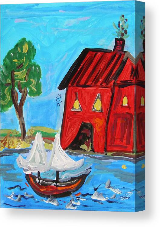 Red Sailboat Canvas Print featuring the painting Red Boathouse and Red Sailboat by Mary Carol Williams