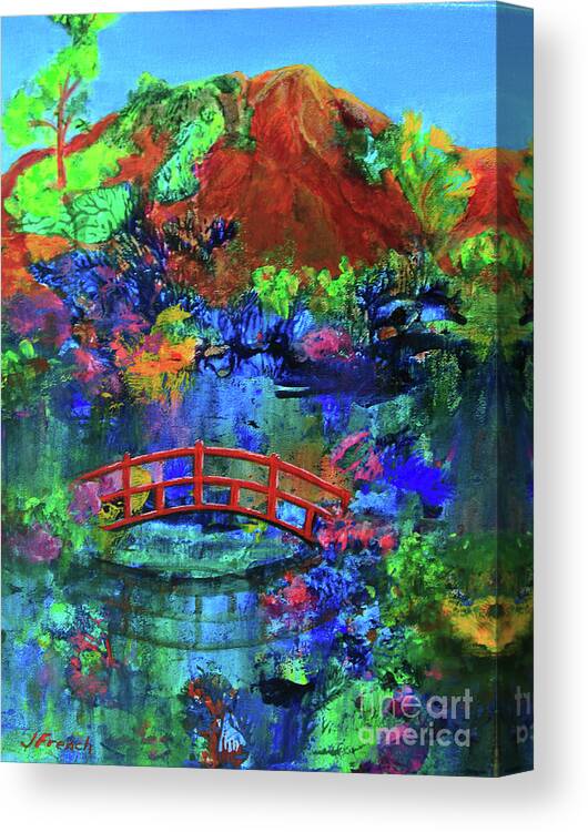 Art Canvas Print featuring the painting Red Bridge Dreamscape by Jeanette French