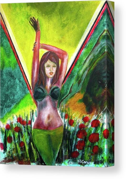 Flowers Canvas Print featuring the painting Red Flowers and the Girl in Green by Tom Conway