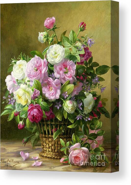 Rose; Roses; Still Life; Flower; Flowers; Arrangement; Pink; White; Basket; Leafs; Rose Petals On Floor; Pink Rose On Floor Canvas Print featuring the painting Roses by Albert Williams