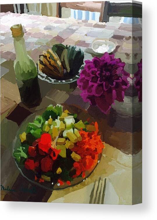 Still Life Canvas Print featuring the photograph Salad and Dressing with Squash and Dahlia by Melissa Abbott
