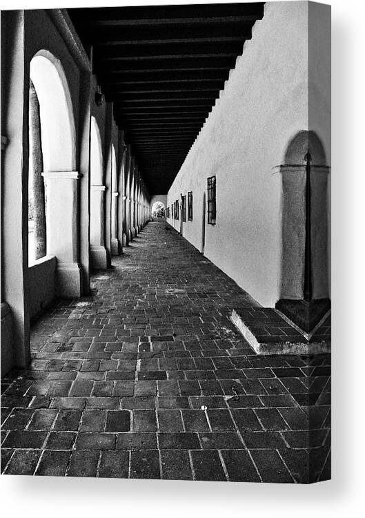 Mission Canvas Print featuring the photograph San Fernando Valley Mission Arcade in Black and White by Glenn McCarthy Art and Photography